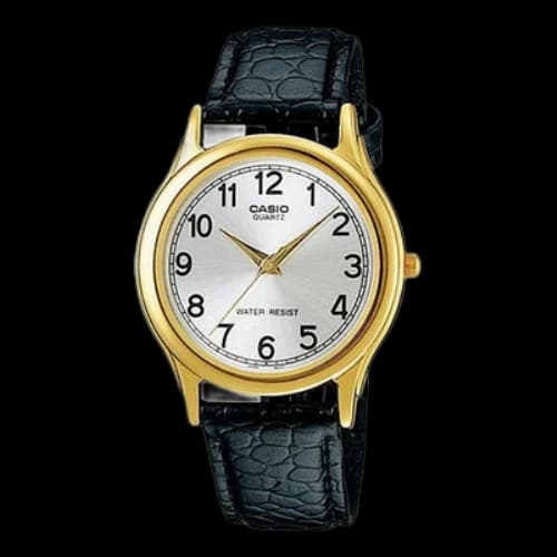 CASIO Watch Leather Black Strap Gold Color Watch