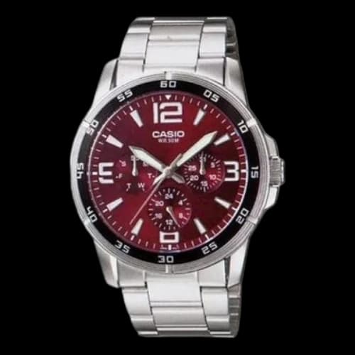 CASIO Dress Series Red Dial Quartz Movement 50m Waterproof Stainless Steel Strap Watch Analog Mens
