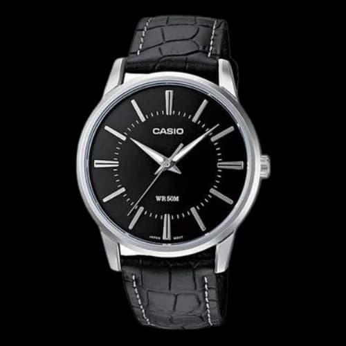 Casio Fashion Stylish Business Leather Strap Analog Watch 'Black Silver'