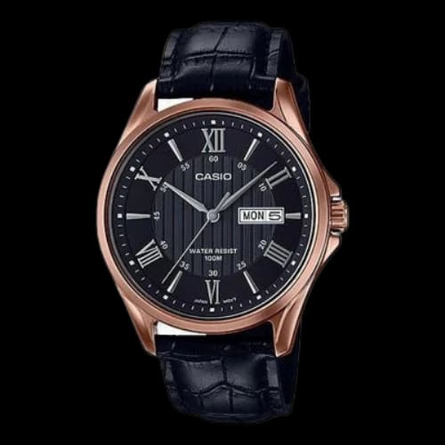 CASIO Men's Leather Black Strap Black Dial Mens Analog