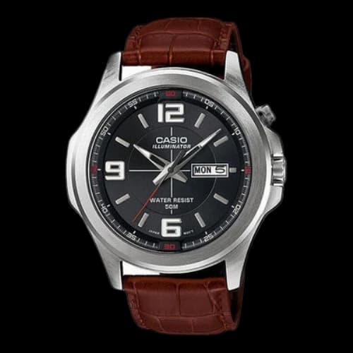 CASIO Series Brown Waterproof Quartz 43mm Leather Strap Date Display Watch Mens Analog