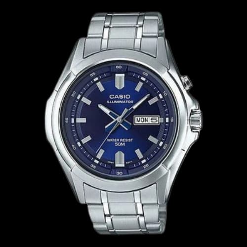 CASIO Waterproof Quartz Date Display Led Lighting Blue Dial 46mm Stainless Steel Strap Watch Silver Analog