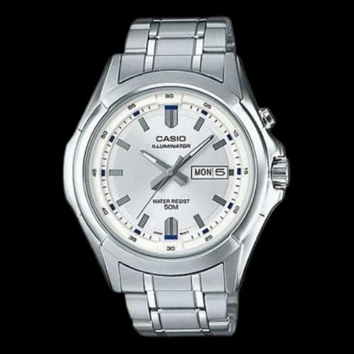 CASIO Waterproof Quartz Date Display Led Lighting 46mm Stainless Steel Strap Watch Mens Silver Analog
