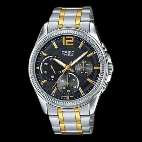 CASIO Waterproof Quartz Three Eyes Dial 42mm Gold Stainless Steel Strap Watch Mens Black Analog