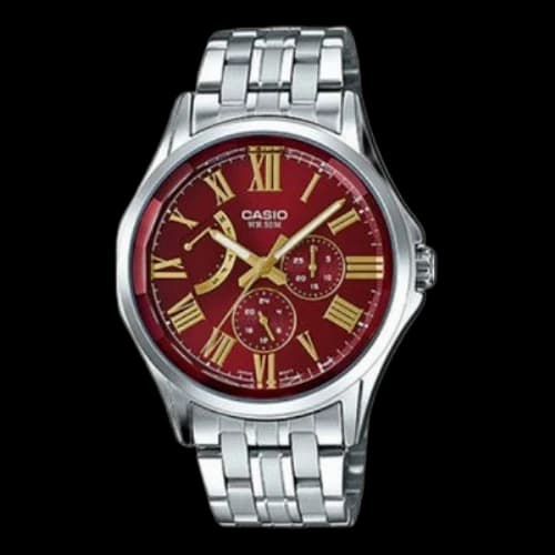 CASIO Waterproof Date Display Quartz Red Dial 41mm Stainless Steel Strap Watch Analog Mens