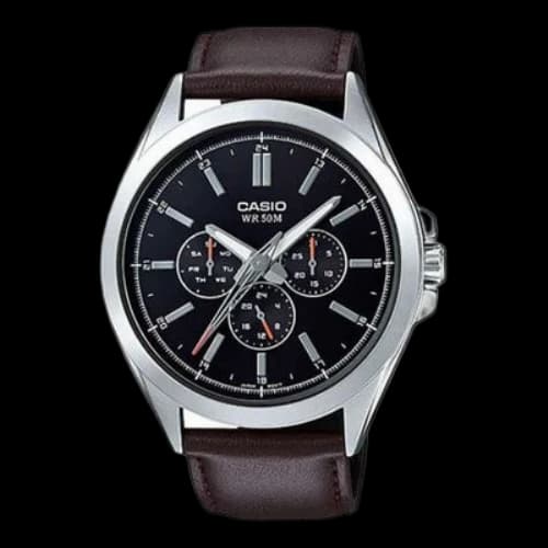 CASIO Waterproof Quartz Three Eyes Date Display 45.7mm Leather Strap Watch Mens Black Analog