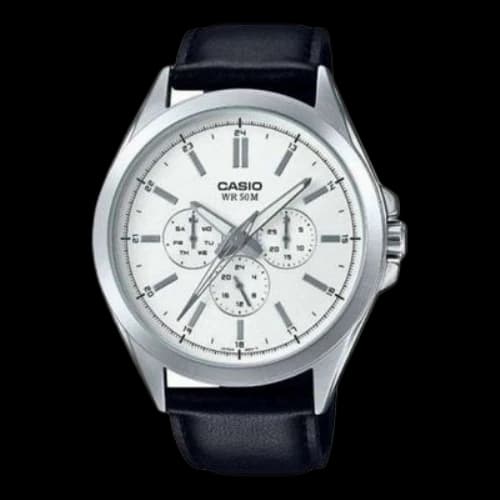 CASIO Waterproof Quartz Watch Three Eyes Dial 46.5mm Black Belt Mens White Analog