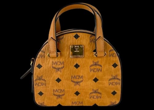 MCM Diamond Logo Visetos Mini Round Top Tote Bag Cognac