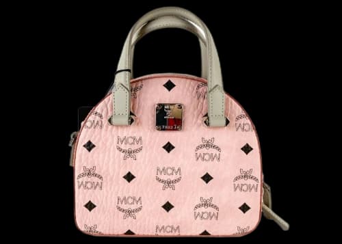 MCM Diamond Logo Visetos Mini Round Top Tote Bag Soft Pink