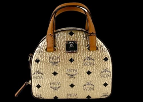 MCM Diamond Logo Visetos Mini Round Top Tote Bag Berlin Gold