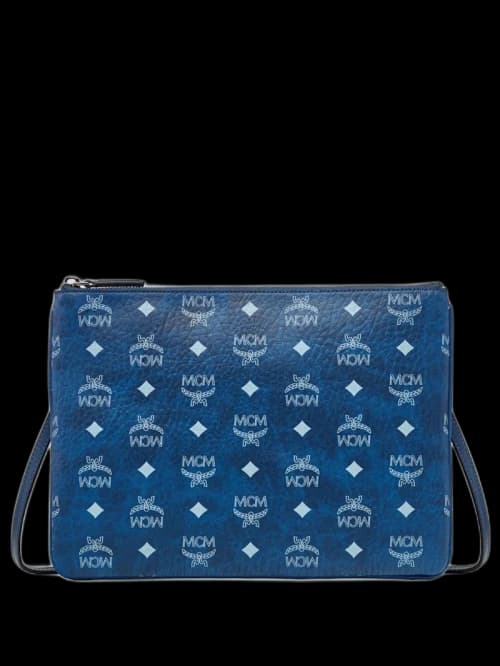 MCM Aren Vi Flat Medium Pouch Bag Blue Visetos