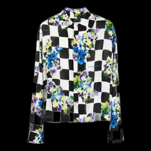 Off-White SS21 Flowers Printing Plaid lapel Long Sleeves Shirt Slim Fit Version Black