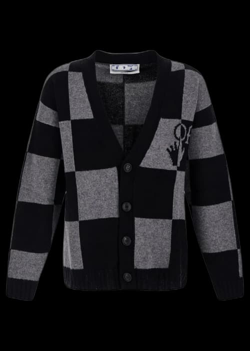 OFF-WHITE Intarsia Pattern Check Knit Cardigan Grey Black