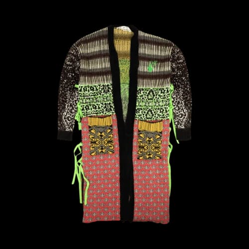 Off-White Calf Length Intarsia Knit Cardigan 'Grey/Green'