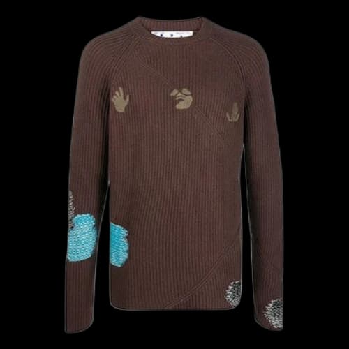 Off-White Embroidered Ribbed Knit Pullover Wool Sweater Brown