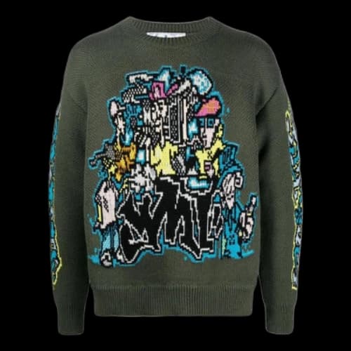 Off-White FW22 Intarsia Knit Long Sleeves Wool Sweater Green