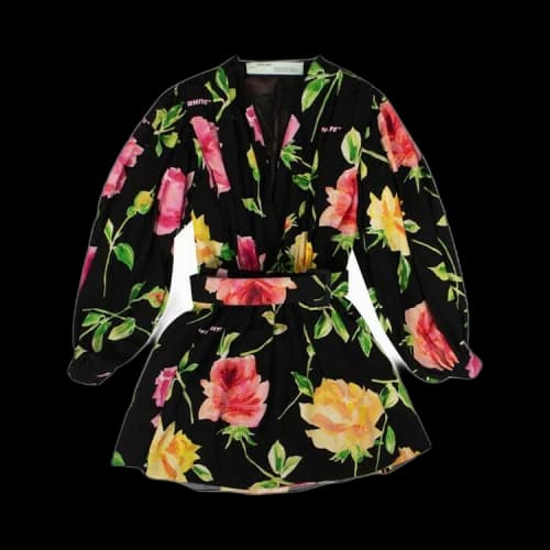 Off-White Floral Wrap Long-Sleeve Belt Dress 'Black'