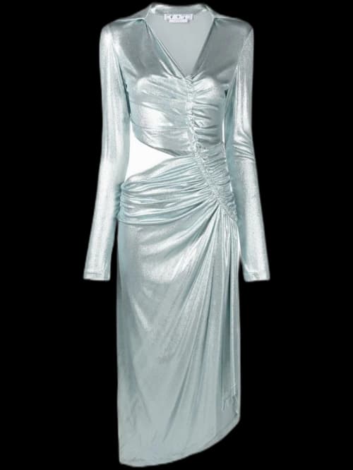 OFF-WHITE Metallic Draped Midi Dress Silver Tone