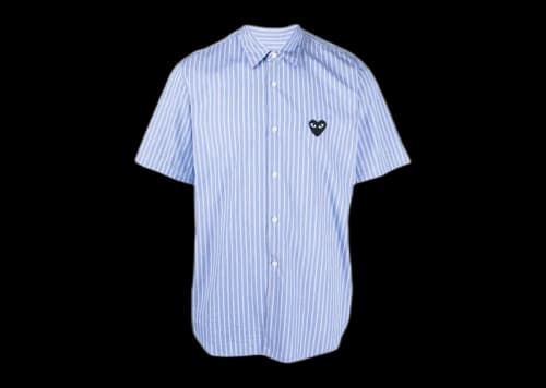 Comme des Garcons Play Black Emblem Striped Short Sleeve Button Up Shirt Blue/White