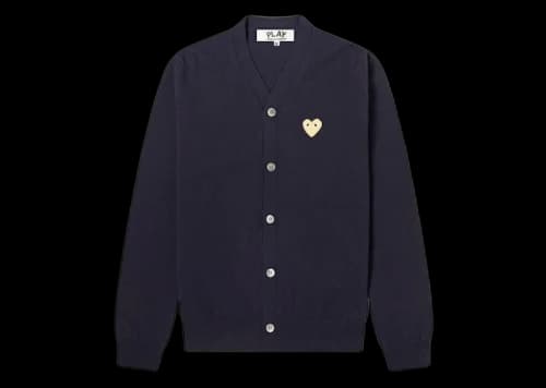 Comme des Garcons Play Beige Heart Fine Knit Wool Cardigan Navy/Beige