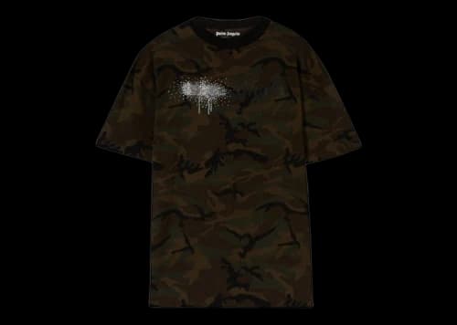 Palm Angels Camouflage-Print Rhinestone Logo T-Shirt Military/Black