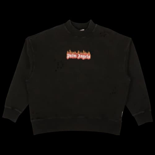Palm Angels Burning Logo Print Distressed Sweatshirt Black/White