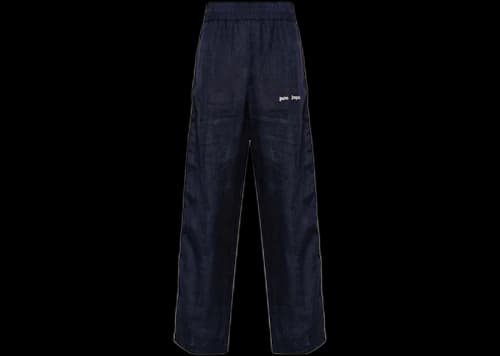 Palm Angels Logo-Print Linen Track Pants Navy Blue/Off-White