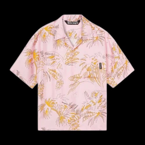 Palm Angels Silk Abstract Palms Bowling Shirt Pink/Gold