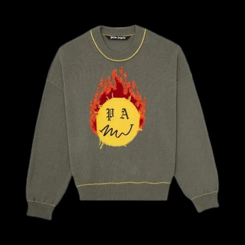 Palm Angels Smiley Intarsia Burning Head Knitted Crewneck Green Yellow