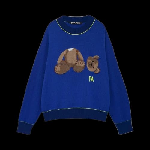 Palm Angels Teddy Bear Embroidered Wool Knit Sweater Blue/Multi