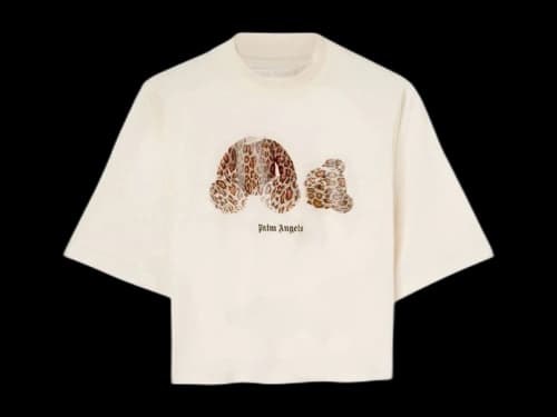Palm Angels Womens Leopard Bear Cropped T-Shirt Off White/Brown