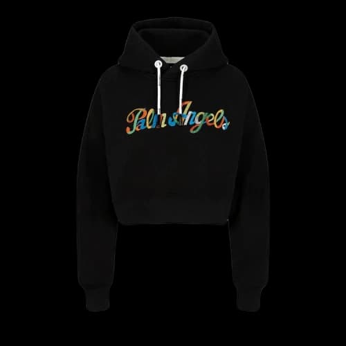 Palm Angels Logo Print Cropped Hoodie Black