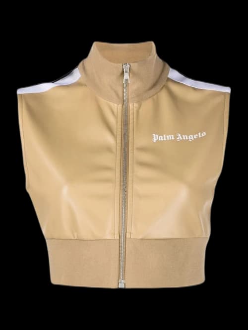 Palm Angels Womens Faux Leather Cropped Track Vest Beige/White