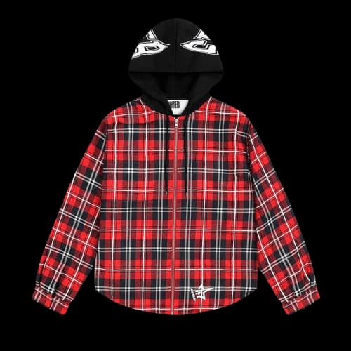 Sp5der Hooded Zip Flannel Shirt Jacket 'Red Plaid'