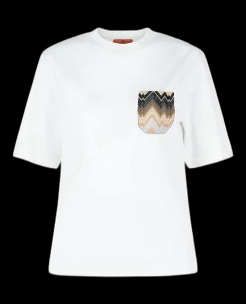 M Missoni Cotton T Shirt With Zig Zag Embroidered Pocket White Dark Brown