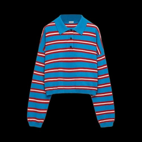 LOEWE Women's Stripe Polo Collar Wool Sweater Blue/Red