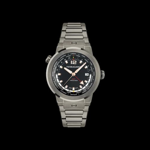 Ferragamo F-80 GMT Worldtime Bracelet Watch 'Gun'