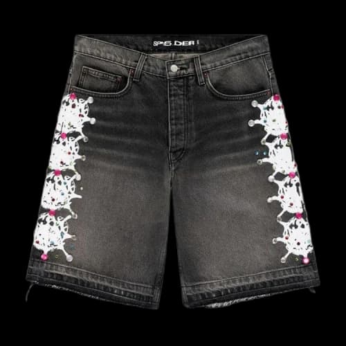 Sp5der Web Stone Denim Shorts 'Black Wash'