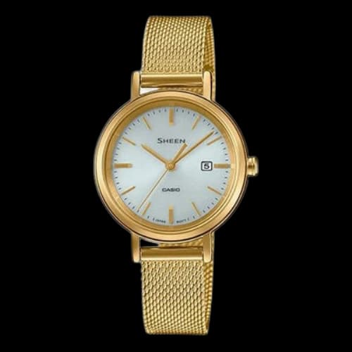 CASIO SHEEN Waterproof Quartz Sapphire Crystal Solar Powered Silver DialGold Strap SilverGold Analog