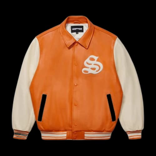 Sp5der Leather Varsity Jacket 'Orange'