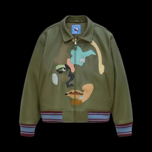 KidSuper Patchwork Face Leather Varsity Jacket 'Green'