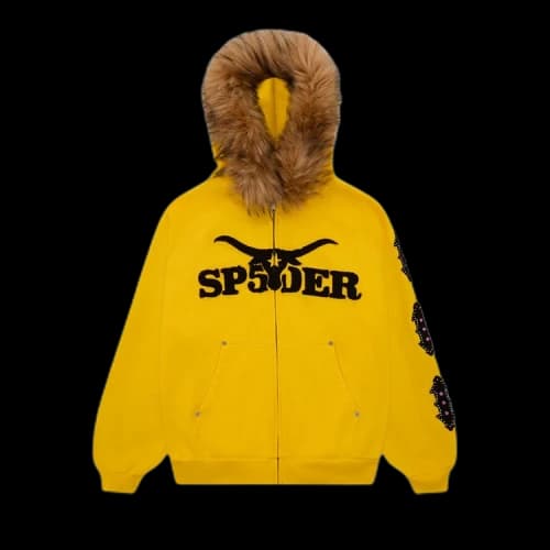 Sp5der Fur Hooded Zip Up Sweatshirt 'Yellow'