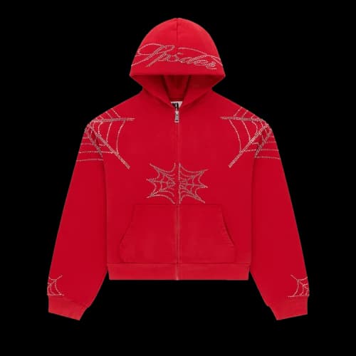 Sp5der Rhinestone Web Zip Hoodie 'Red'