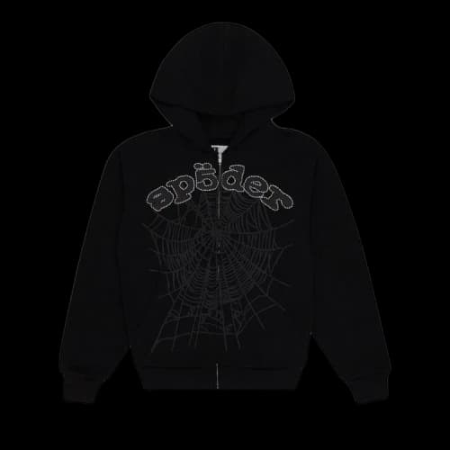 Sp5der x Young Thug Rhinestone Zip-Up Hoodie 'Black'