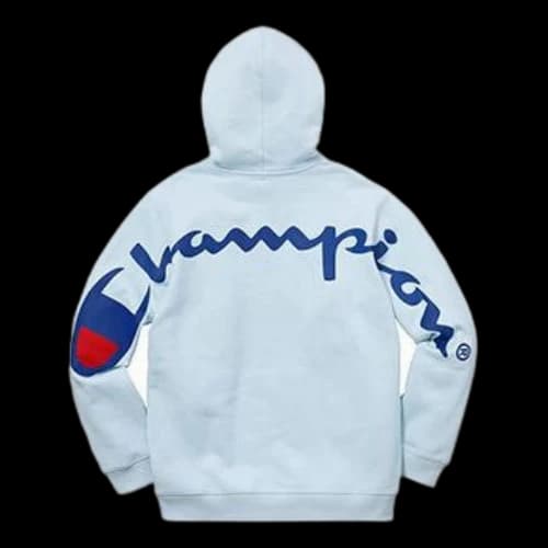 Supreme SS18 x Champion Hooded Sweatshirt Light Blue Logo