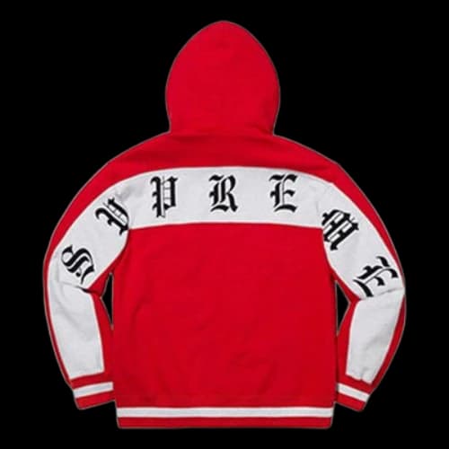 Supreme SS19 Old English Stripe Zip Up Sweatshirt Red Logo
