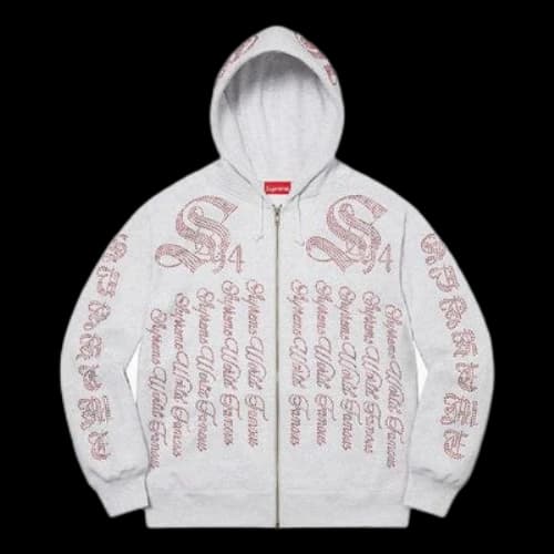 Supreme Rhinestone Zip Up Hooded Sweatshirt 'Grey Red'