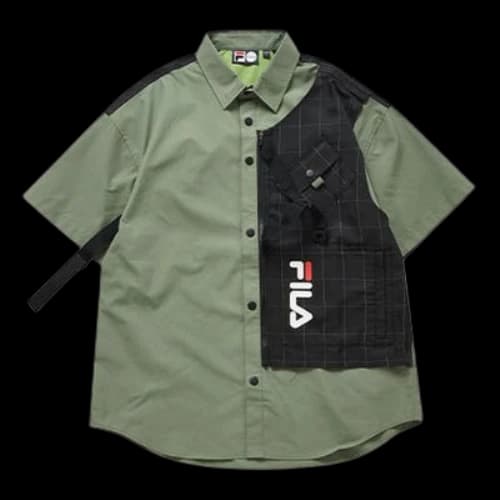 FILA FUSION Plaid Splicing Alphabet Logo Short Sleeve Shirt Green