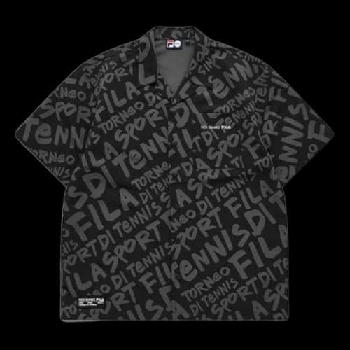 FILA FUSION Logo Full Print Loose Short Sleeve Shirt Black