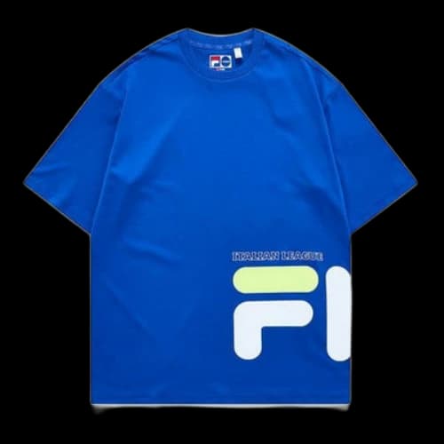 FILA FUSION Contrasting Colors Logo Printing Loose Knit Sports Short Sleeve Blue T-Shirt
